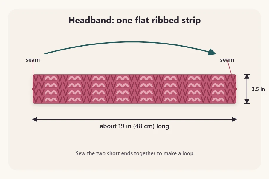 Headband schematic showing a flat ribbed strip 3.5 inches wide and 19 inches long with short ends marked seam