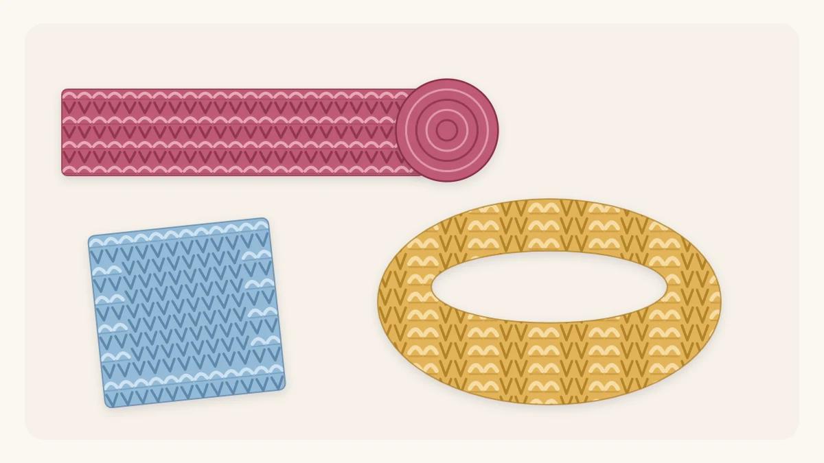 A scarf, a dishcloth and a headband, three classic first knitting projects