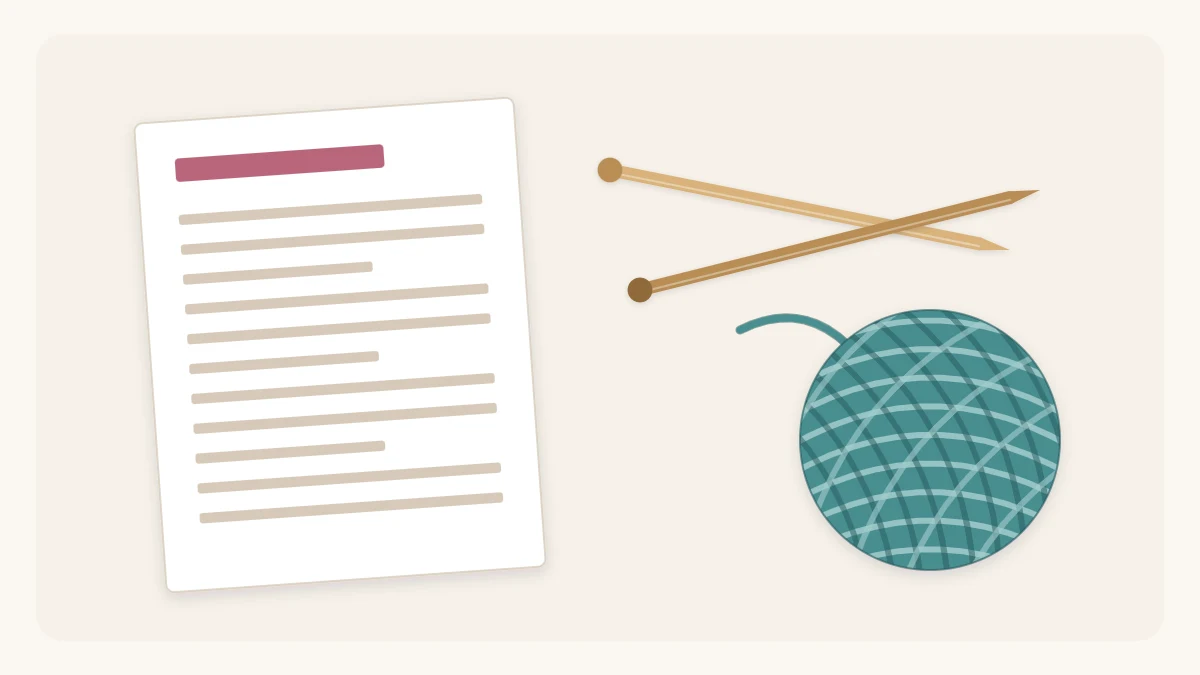 A printed knitting pattern sheet beside a ball of yarn and a pair of knitting needles