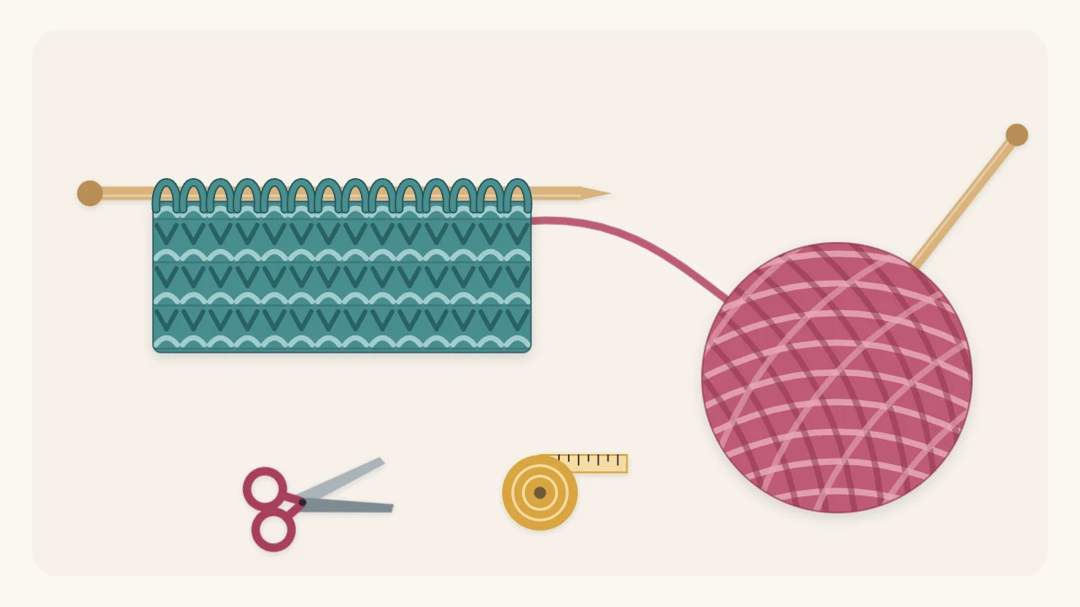 A ball of yarn, straight knitting needles holding a few rows of knitting, scissors and a tape measure