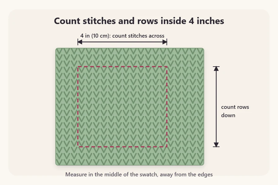 Knitted swatch with a marked 4-inch square, stitches counted across and rows counted down