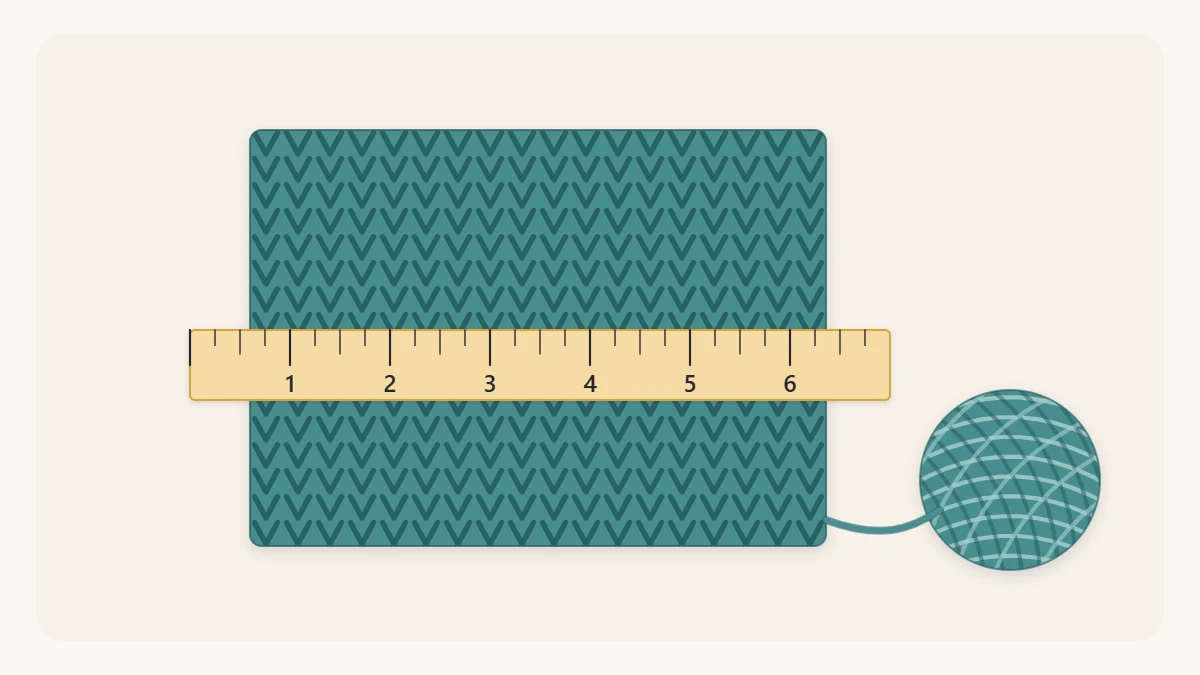 A knitted swatch lying flat with a ruler placed across its center